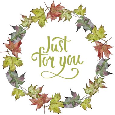 Sulu boya yeşil ve kırmızı akçaağaç yaprakları. Yaprak bitki botanik bahçe çiçek yaprakları. Çerçeve kenarlığı süsleme Meydanı. Aquarelle yaprak için arka plan, doku, sarıcı desen, çerçeve veya kenarlık.