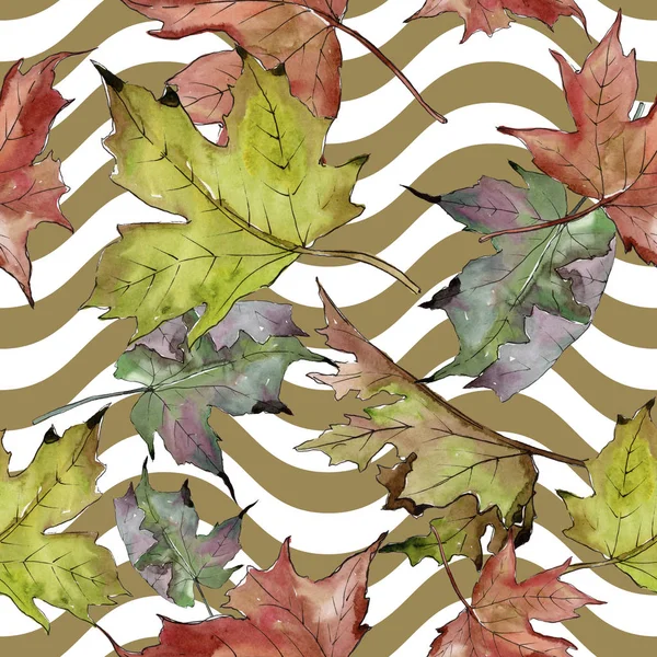 水彩の緑と赤のカエデを葉します 葉植物植物園花葉 シームレスな背景パターン 壁紙印刷手触りの生地 テクスチャ ラッパー パターン Aquarelle — ストック写真