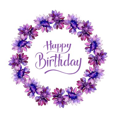Suluboya mor güller. Botanik çiçek. Çerçeve kenarlığı süsleme Meydanı. Arka plan, doku, sarıcı desen, çerçeve veya kenarlık için Aquarelle kır çiçeği.