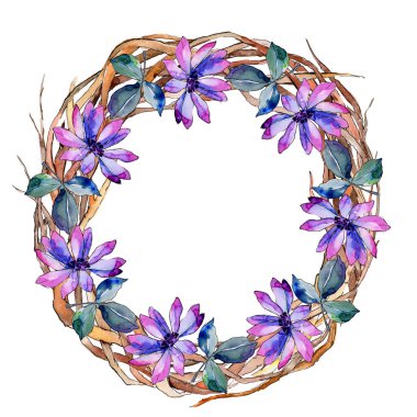 Suluboya mor güller. Botanik çiçek. Çerçeve kenarlığı süsleme Meydanı. Arka plan, doku, sarıcı desen, çerçeve veya kenarlık için Aquarelle kır çiçeği.