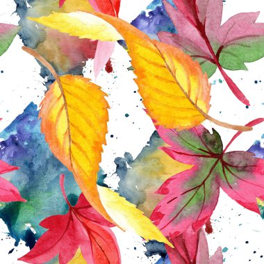 Renkli sonbahar yaprakları suluboya tarzında. Sorunsuz arka plan deseni. Kumaş duvar kağıdı yazdırma doku. Aquarelle yaprak için arka plan, doku, sarıcı desen, çerçeve veya kenarlık.
