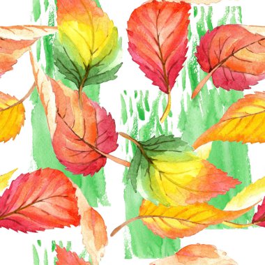 Renkli sonbahar yaprakları suluboya tarzında. Sorunsuz arka plan deseni. Kumaş duvar kağıdı yazdırma doku. Aquarelle yaprak için arka plan, doku, sarıcı desen, çerçeve veya kenarlık.