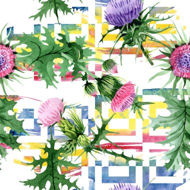 Sulu boya pembe ve mor thistle kır çiçeği. Botanik çiçek. Sorunsuz arka plan deseni. Kumaş duvar kağıdı yazdırma doku. Arka plan, doku, sarıcı desen Aquarelle kır çiçeği.