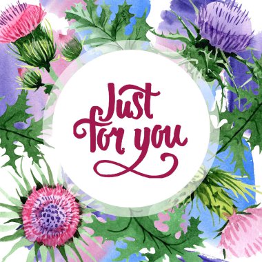 Sulu boya pembe ve mor thistle kır çiçeği. Botanik çiçek. Çerçeve kenarlığı süsleme Meydanı. Arka plan, doku, sarıcı desen, çerçeve veya kenarlık için Aquarelle kır çiçeği.