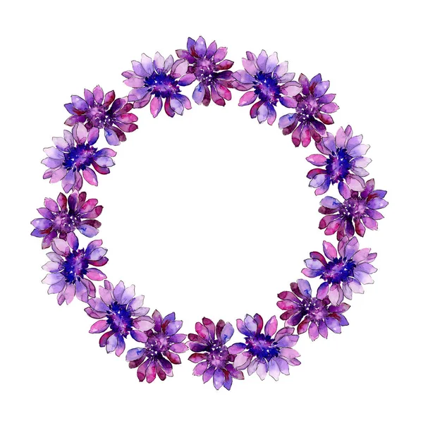 Acquerello Viola Margherita Africana Fiore Botanico Floreale Quadrato Ornamento Bordo — Foto Stock