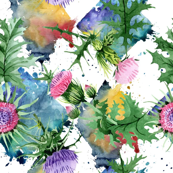 水彩粉红色和紫色蓟野花 花卉植物花 无缝的背景图案 织物墙纸打印纹理 水彩画野花为背景 包装图案 — 图库照片