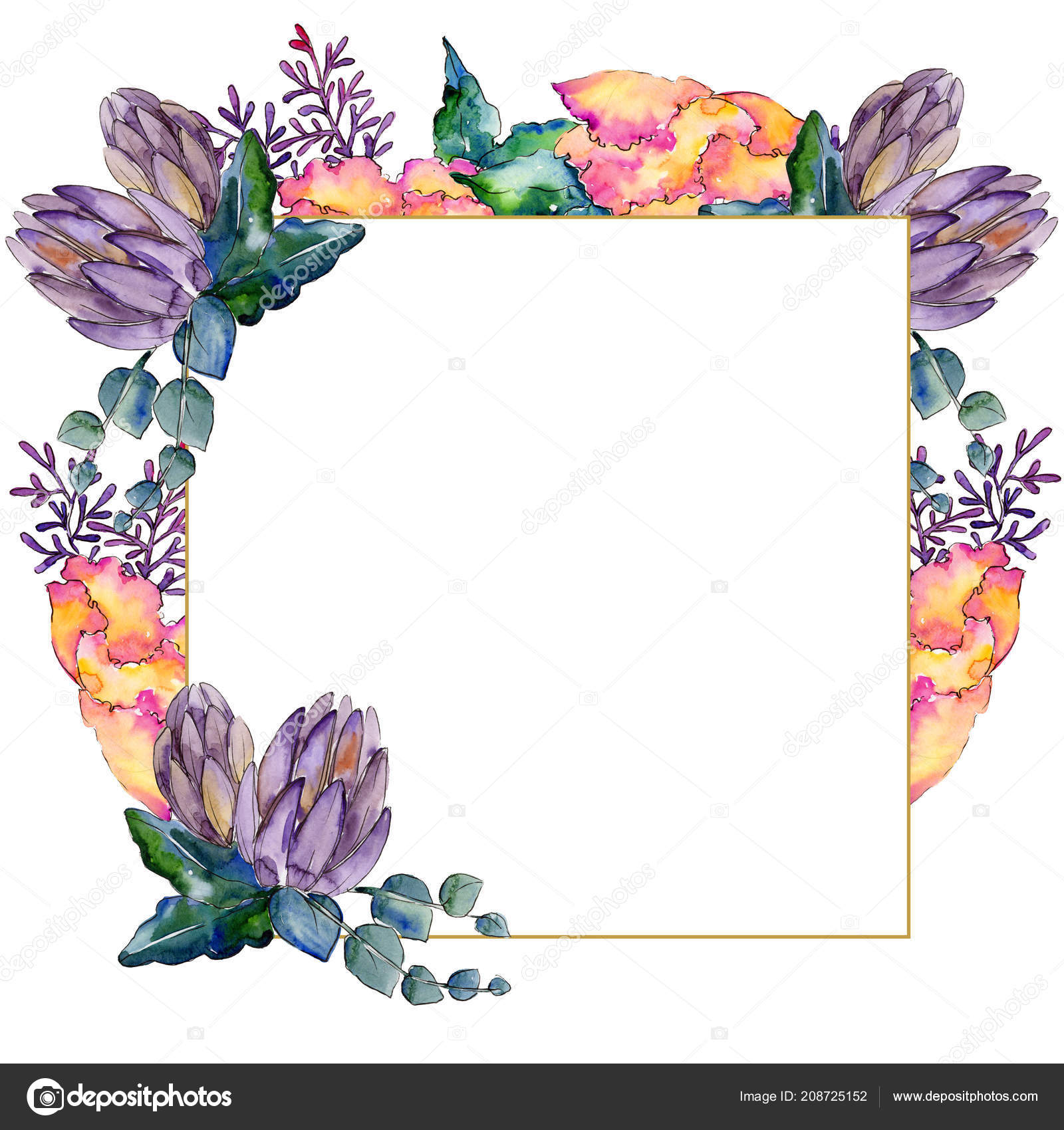 Blue phacelia flower. Watercolor background. Frame floral square