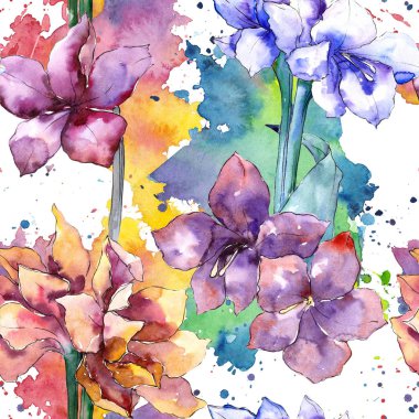 Suluboya mor amaryllis çiçek. Sorunsuz arka plan deseni.
