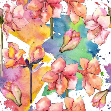 Sulu boya turuncu amaryllis çiçek. Sorunsuz arka plan deseni.