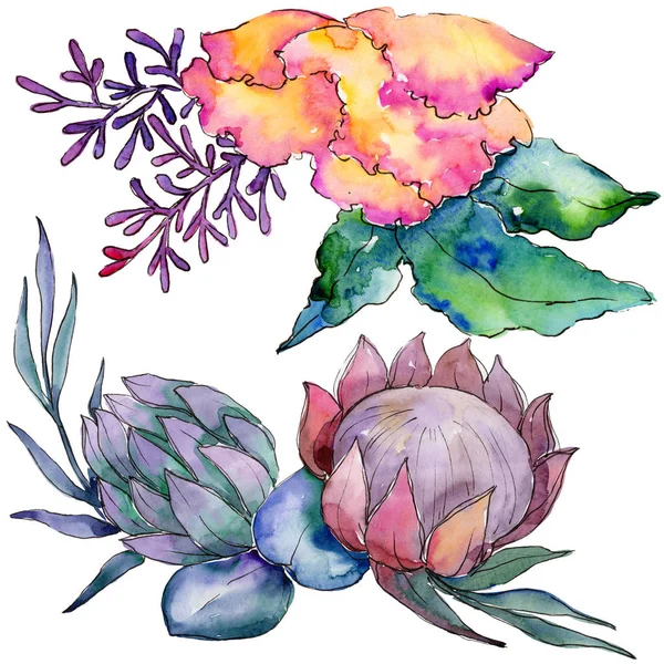 Fleurs de bouquet coloré aquarelle. Fleur botanique florale. Élément d'illustration isolé . — Photo
