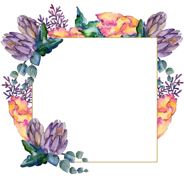 Aquarel kleurrijke boeket bloemen. Frame grens ornament vierkant. — Stockfoto