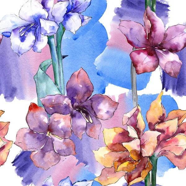 Květinový akvarel fialový amaryllis. Vzor bezešvé pozadí. — Stock fotografie