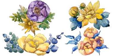 Sulu boya renkli buket çiçek. Botanik çiçek. İzole illüstrasyon öğesi.