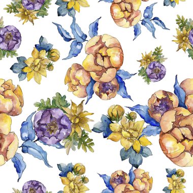 Sulu boya renkli buket çiçek. Sorunsuz arka plan deseni. 