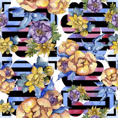 Sulu boya renkli buket çiçek. Sorunsuz arka plan deseni. 