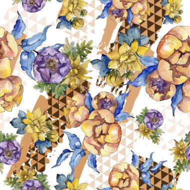 Sulu boya renkli buket çiçek. Sorunsuz arka plan deseni. 