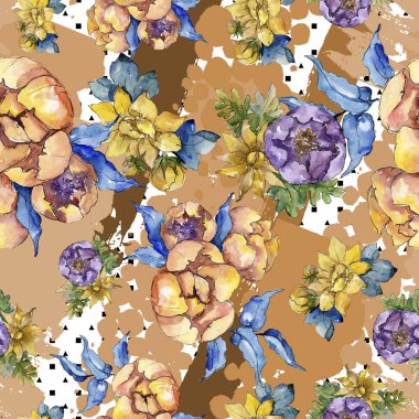 Sulu boya renkli buket çiçek. Sorunsuz arka plan deseni. 