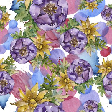 Sulu boya renkli buket çiçek. Sorunsuz arka plan deseni. 