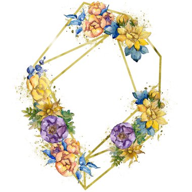 Sulu boya renkli buket çiçek. Botanik çiçek. İzole illüstrasyon öğesi.