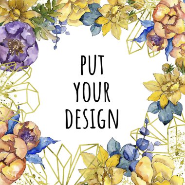 Sulu boya renkli buket çiçek. Çerçeve kenarlığı süsleme Meydanı.