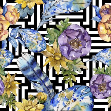 Sulu boya renkli buket çiçek. Sorunsuz arka plan deseni.