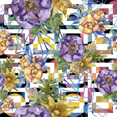 Sulu boya renkli buket çiçek. Sorunsuz arka plan deseni.