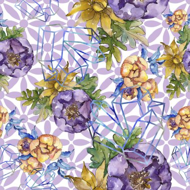 Sulu boya renkli buket çiçek. Sorunsuz arka plan deseni.