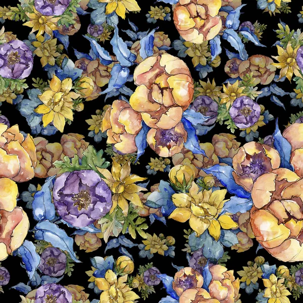 水彩の色鮮やかな花束の花。シームレスな背景パターン. — ストック写真