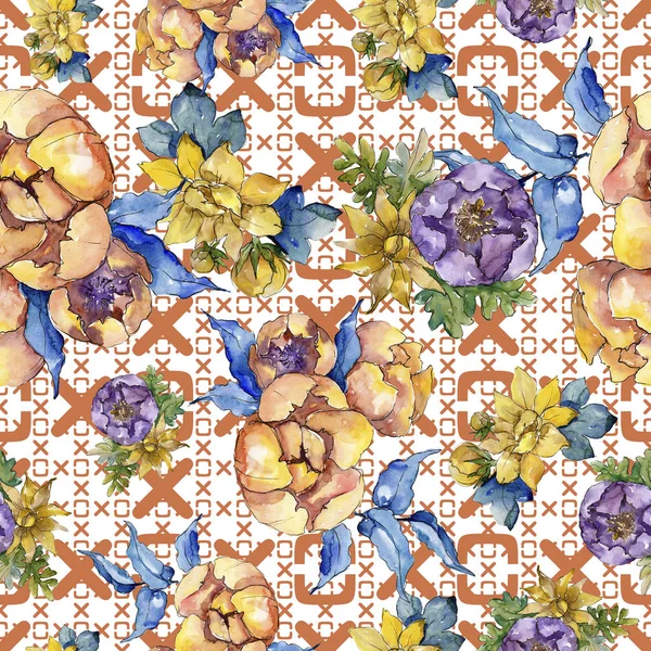 Watercolor colorful bouquet flowers. Seamless background pattern. — Stock Photo, Image