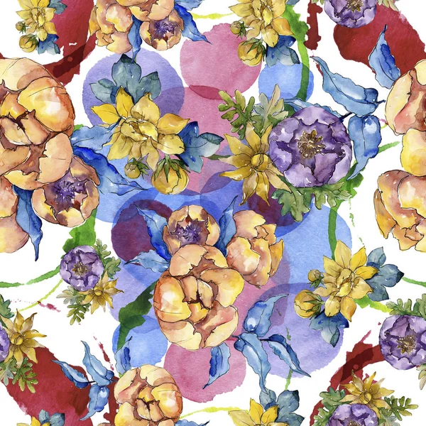 Akvarell färgglad bukett blommor. Sömlös bakgrundsmönster. — Stockfoto