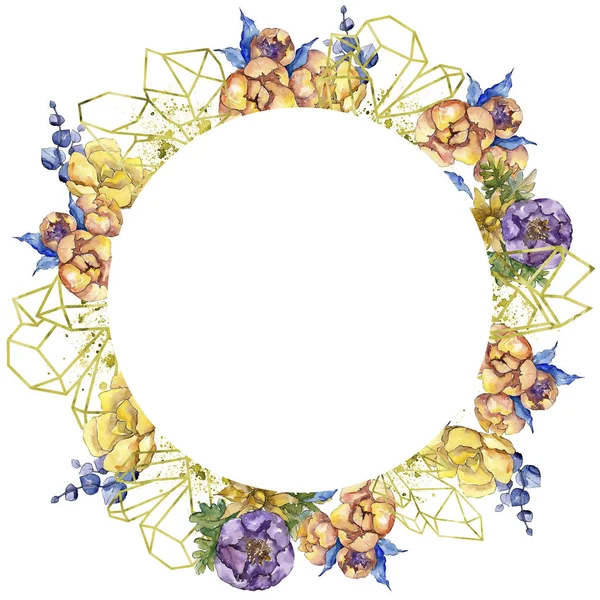 Aquarell bunten Strauß Blumen. Rahmen Rand Ornament Quadrat. — Stockfoto