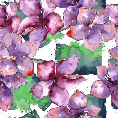 Suluboya mor amaryllis çiçek. Sorunsuz arka plan deseni.