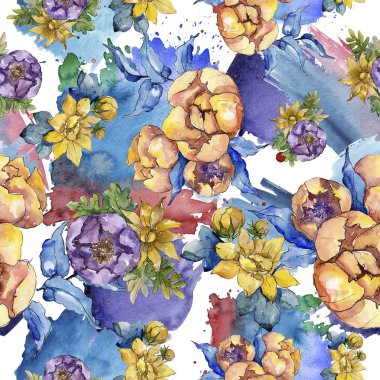 Sulu boya renkli buket çiçek. Sorunsuz arka plan deseni. 