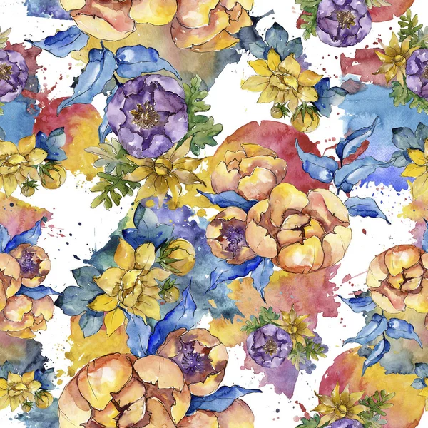 Watercolor colorful bouquet flowers. Seamless background pattern. — Stock Photo, Image