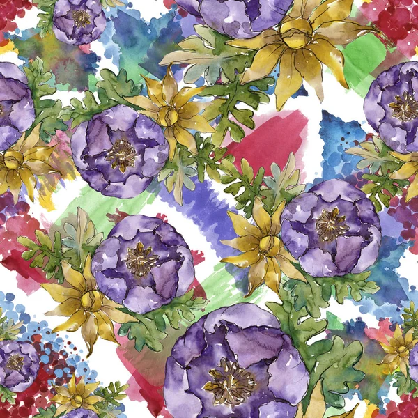 水彩の色鮮やかな花束の花。シームレスな背景パターン. — ストック写真