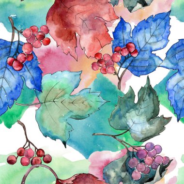 Renkli sonbahar vibirnum yaprağı. Yaprak bitki botanik bahçe çiçek yaprakları. Sorunsuz arka plan deseni. Kumaş duvar kağıdı yazdırma doku. Aquarelle yaprak için arka plan, doku, sarıcı desen.