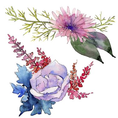 Sulu boya pembe buket çiçek. Botanik çiçek. İzole illüstrasyon öğesi. Arka plan, doku, sarıcı desen, çerçeve veya kenarlık için Aquarelle kır çiçeği.