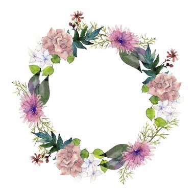 Sulu boya pembe buket çiçek. Botanik çiçek. Çerçeve kenarlığı süsleme Meydanı. Bitki tam adı: gül, şakayık. Arka plan, doku, sarıcı desen Aquarelle kır çiçeği.