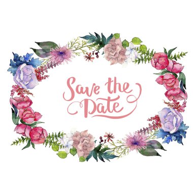 Sulu boya pembe buket çiçek. Botanik çiçek. Çerçeve kenarlığı süsleme Meydanı. Bitki tam adı: gül, şakayık. Arka plan, doku, sarıcı desen Aquarelle kır çiçeği.