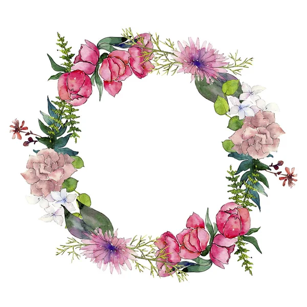 水彩ピンク花束花 花植物の花 フレーム枠飾りスクエア 植物の完全な名前 テクスチャ ラッパー パターン Aquarelle ワイルドフラワー — ストック写真