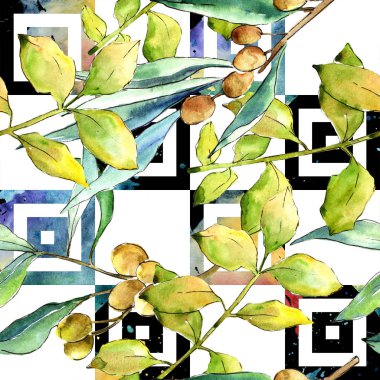 Suluboya iğde yeşil yaprakları. Yaprak bitki botanik bahçe çiçek yaprakları. Sorunsuz arka plan deseni. Kumaş duvar kağıdı yazdırma doku. Aquarelle yaprak için arka plan, doku, sarıcı desen.