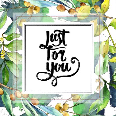 Suluboya iğde yeşil yaprakları. Yaprak bitki botanik bahçe çiçek yaprakları. Çerçeve kenarlığı süsleme Meydanı. Aquarelle yaprak için arka plan, doku, sarıcı desen, çerçeve veya kenarlık.