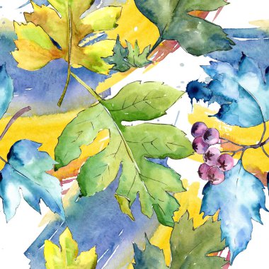 Suluboya alıç renkli yaprakları. Yaprak bitki botanik bahçe çiçek yaprakları. Sorunsuz arka plan deseni. Kumaş duvar kağıdı yazdırma doku. Aquarelle yaprak için arka plan, doku, sarıcı desen.