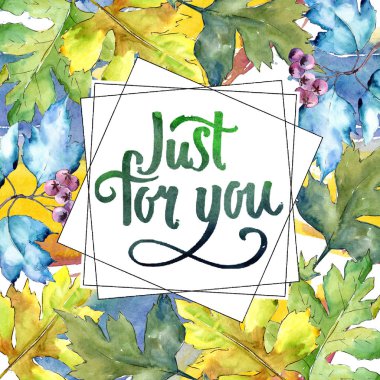 Suluboya alıç renkli yaprakları. Yaprak bitki botanik bahçe çiçek yaprakları. Çerçeve kenarlığı süsleme Meydanı. Aquarelle yaprak için arka plan, doku, sarıcı desen, çerçeve veya kenarlık.