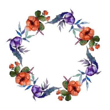 Sulu boya renkli buket çiçek. Botanik çiçek. Çerçeve kenarlığı süsleme Meydanı... Arka plan, doku, sarıcı desen, çerçeve veya kenarlık için Aquarelle kır çiçeği.