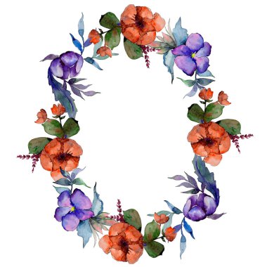 Sulu boya renkli buket çiçek. Botanik çiçek. Çerçeve kenarlığı süsleme Meydanı... Arka plan, doku, sarıcı desen, çerçeve veya kenarlık için Aquarelle kır çiçeği.