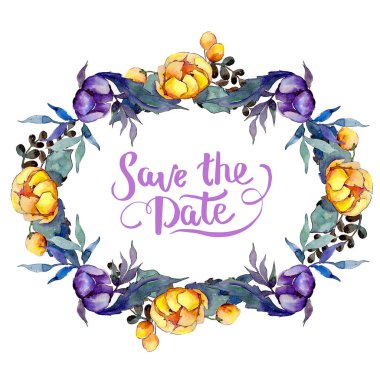 Sulu boya renkli buket çiçek. Botanik çiçek. Çerçeve kenarlığı süsleme Meydanı... Arka plan, doku, sarıcı desen, çerçeve veya kenarlık için Aquarelle kır çiçeği.