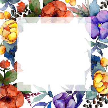 Sulu boya renkli buket çiçek. Botanik çiçek. Çerçeve kenarlığı süsleme Meydanı... Arka plan, doku, sarıcı desen, çerçeve veya kenarlık için Aquarelle kır çiçeği.