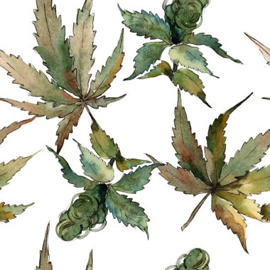 Sulu boya yeşil esrar bırakır. Yaprak bitki botanik bahçe çiçek yaprakları. Sorunsuz arka plan deseni. Kumaş duvar kağıdı yazdırma doku. Aquarelle yaprak için arka plan, doku, sarıcı desen.