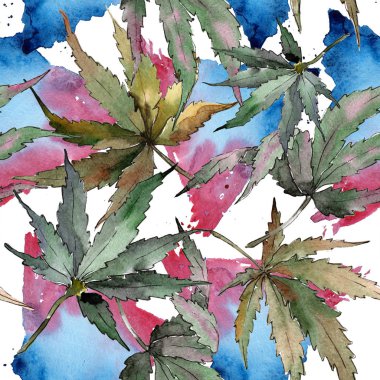 Sulu boya yeşil esrar bırakır. Yaprak bitki botanik bahçe çiçek yaprakları. Sorunsuz arka plan deseni. Kumaş duvar kağıdı yazdırma doku. Aquarelle yaprak için arka plan, doku, sarıcı desen.